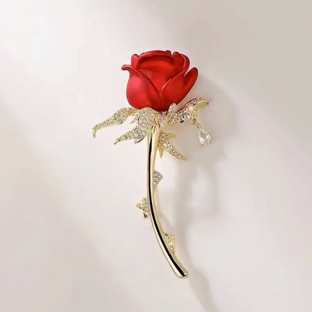 Elegant Red Rose Brooch with Gold Stem.